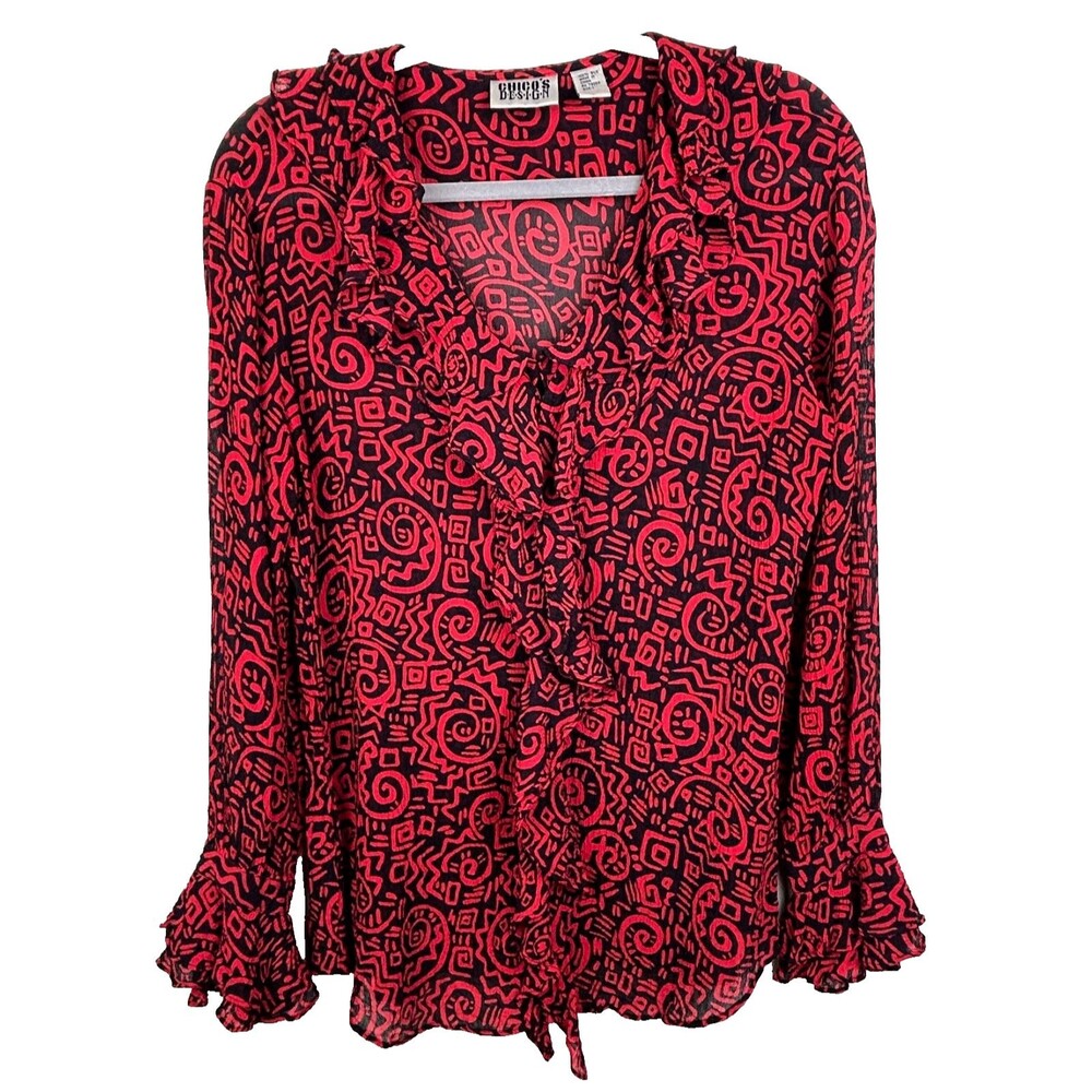 Chico's Design 100% Silk Ruffle Neck Blouse Long Sleeve Red Black Abstract Pt 1